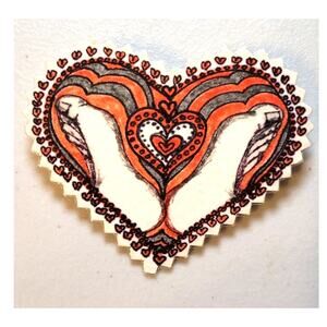 Handmade Artisan Heart Brooch Bare Feet Design Inked On Paper 3"  OOAK Folk Art
